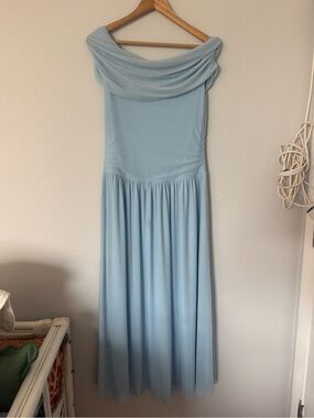 Off-Shoulder Light Blue Maxi Dress